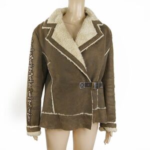 Vintage Ross Mayer Brown Faux Suede Leather Fur Embroidered Sherpa Buckle Jacket